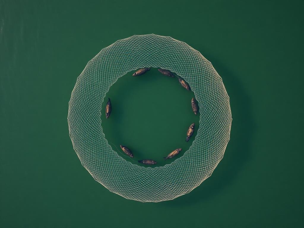 Aquaculture cage netting on open water