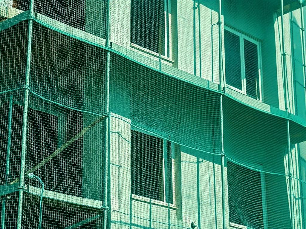 Debris containment net on a facade